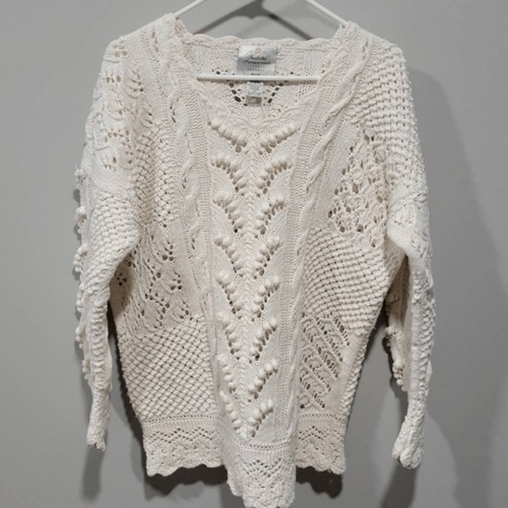 Vintage 90s Express Handknitted Sweater XS White Unique Crochet Chunky Oversized
